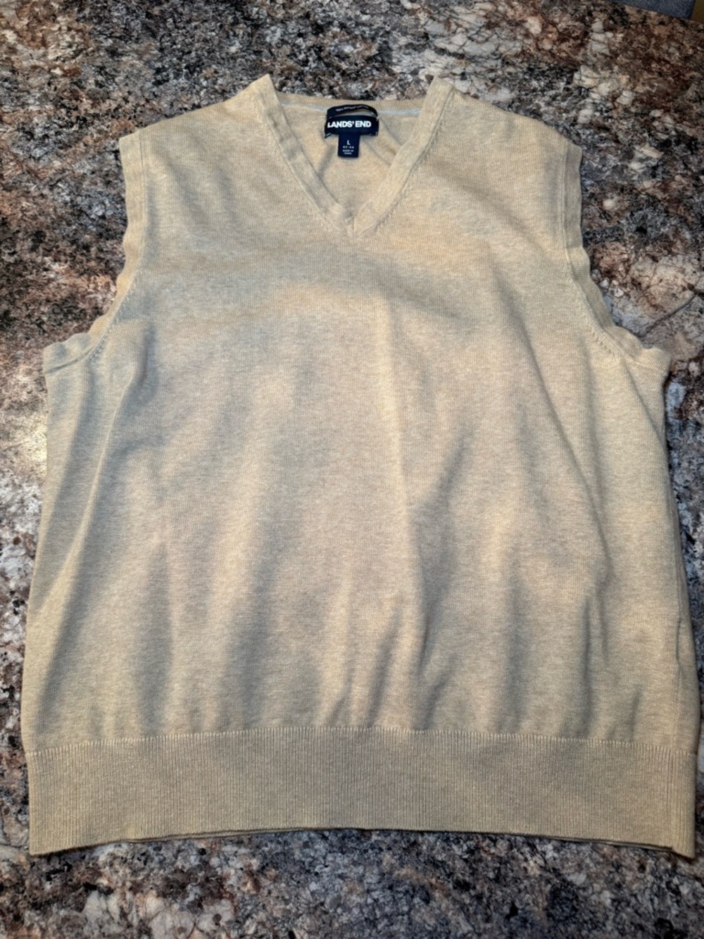 Lands' End Men's V-Neck Sweater Vest in Beige 100% Supima Cotton